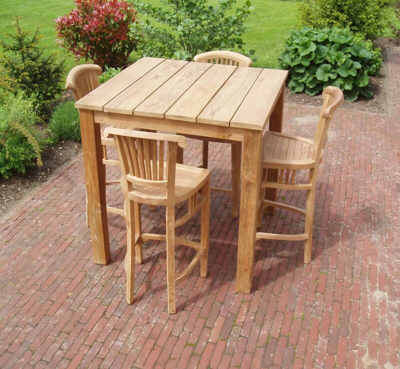 teakhout bartafel vierkant met spleten met barkruk zonder armleuning 1 800x739 - Bar-Tisch Teakholz 120x80